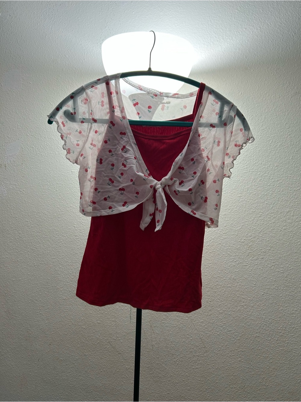 Kids Red Ribbed Tank with Sheer Cherry-Tie Shrug